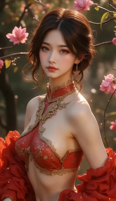 Old-fashioned Chinese Beauties , Attractive temperament, flowing long skirt, has a clear face, beautiful eyes, Around the sweet osmanthus, perfect body structure proportional masterpiece, very detailed, A magnificent work, Color tattoo art, New Traditi...