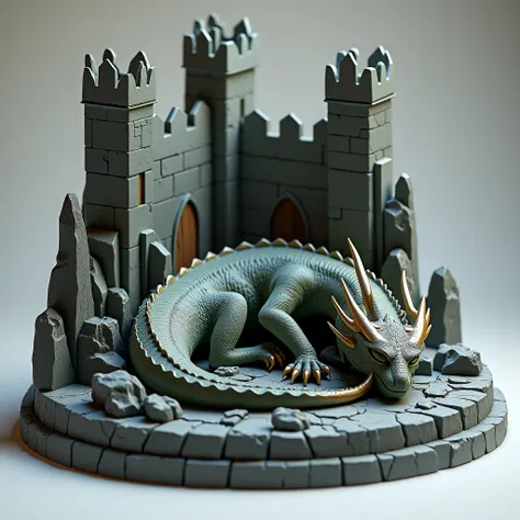 Small ruined castle printed in 3d, Dragon sleeping in front, diorama