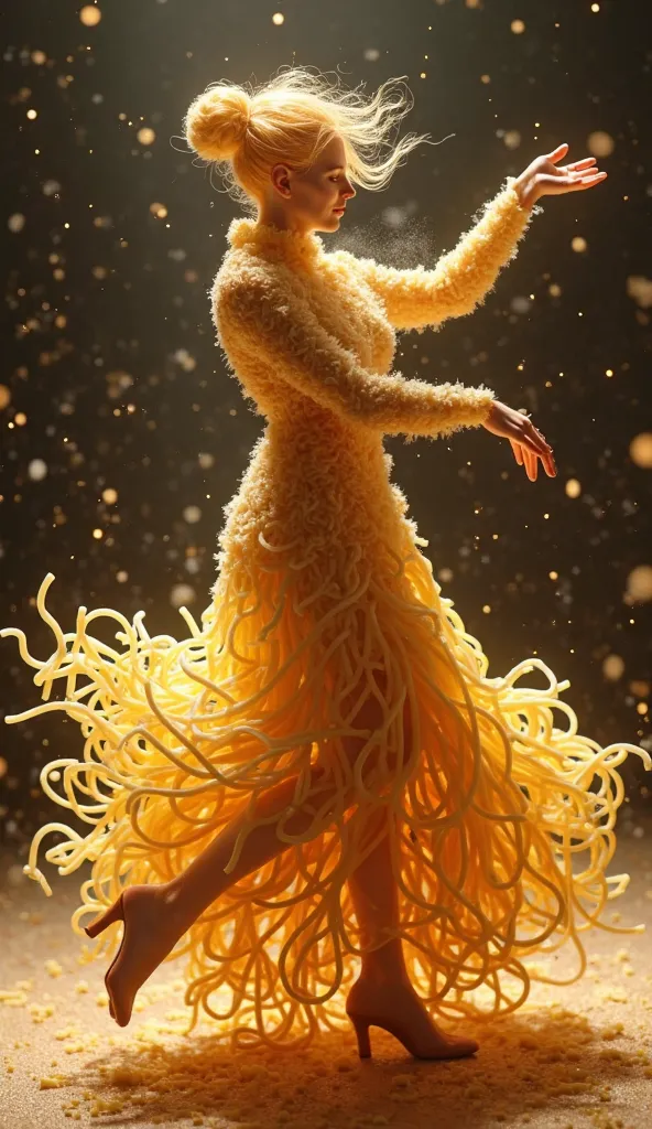 **Final Prompt (1198 chars):**  
"Dancers with humanoid silhouettes crafted entirely from animated pasta: rigatoni skeletons wrapped in lasagna ligaments, capellini veins pulsing with marinara. A lead figure arcs into a *spaghetti grand jeté*, limbs elonga...