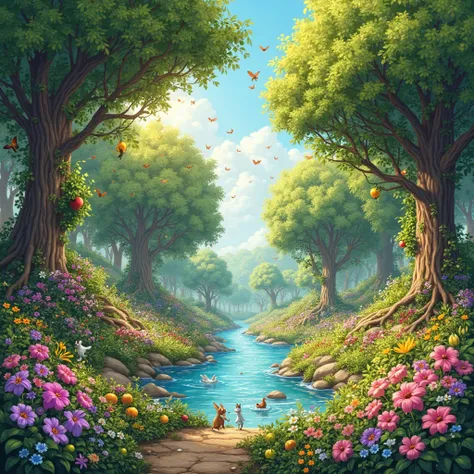 A breathtaking view of the Garden of Eden, full of life, color, and wonder. Tall, lush green trees sway gently in the breeze, their leaves glowing under the golden sunlight. Between them, vibrant flowers in shades of pink, purple, yellow, and blue bloom be...