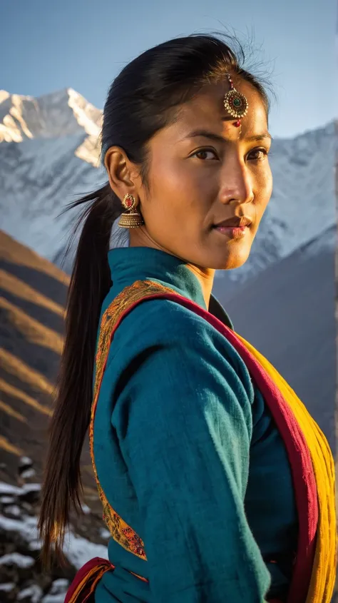  A strong Sikkimese woman with gray eyes, a high ponytail, and an athletic build, wearing a traditional Bakhu, standing in the Himalayas.