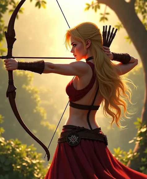 a blonde female archer, with long curly hair, aiming at a target. She is seen from behind, small waist and round butt. It's a sunny day and the light is soft