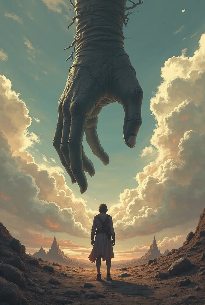 create the image as requested: main character turns away, standing on a devastated Earth, facing straight at a rotten black arm sticking out from a giant mirror in the sky. If you want to adjust any details.