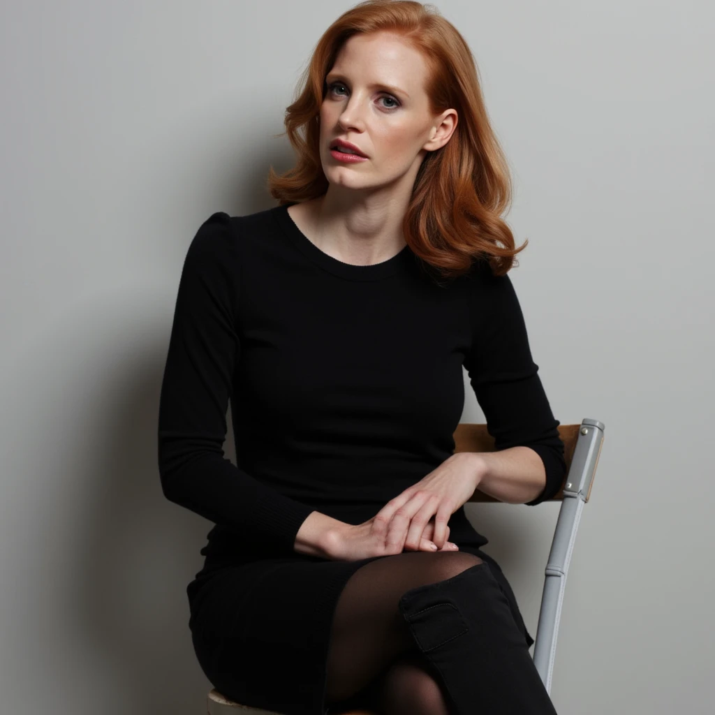 Jessica Chastain in a black sweater dress, black tights, black slim suede thigh boots, sitting on a chair, legs crossed 