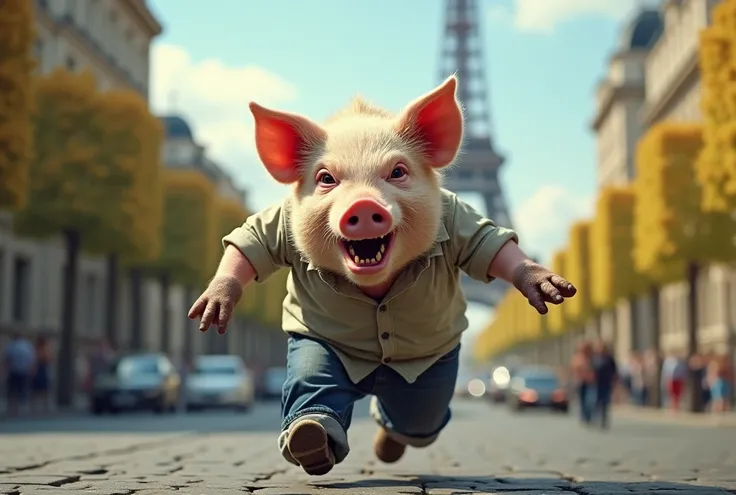 A very angry little pig rages in Paris. In jeans, in shirt, Arc de Triomphe,  Eifel torony.