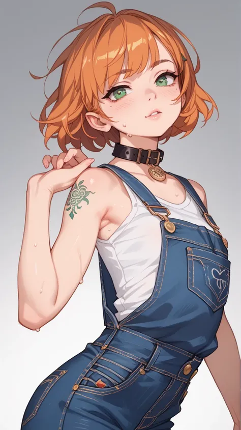 woman、 small tits、 short hair、front、 collar 、tattoo、sweat、orange hair、 green eyes、Overalls、Kind Face