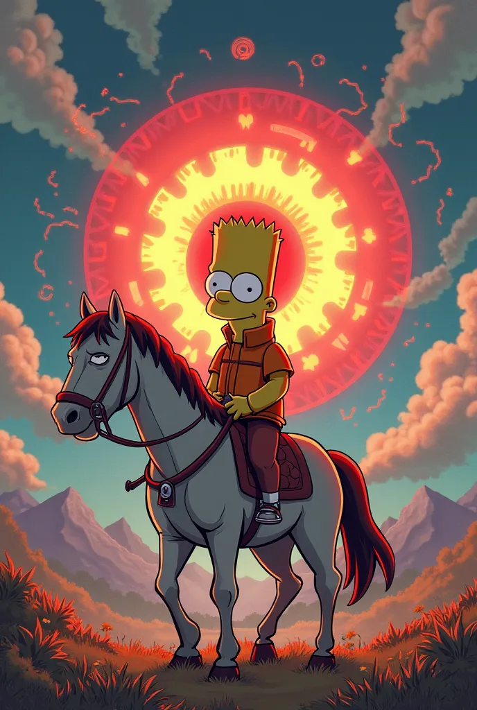 Barte Simpson with Sharingan on top of a Simpson horse with azas