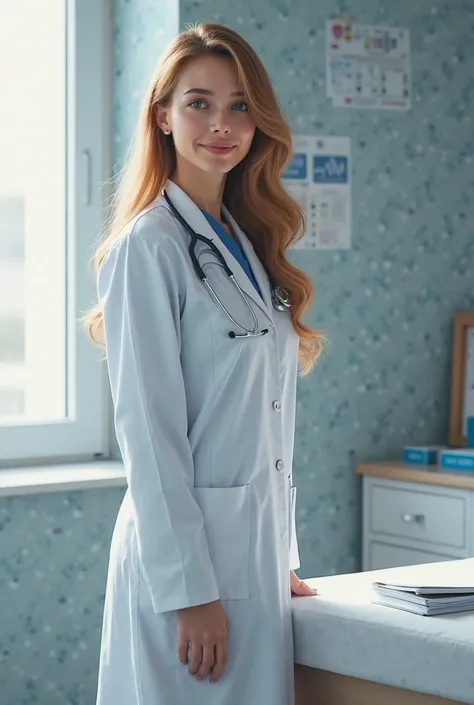 She is a beautiful doctor. She's wearing a doctor's uniform and equipment. She has a beautiful figure and is smiling. In the office, she stands next to the bedside table. Scandinavian-American appearance