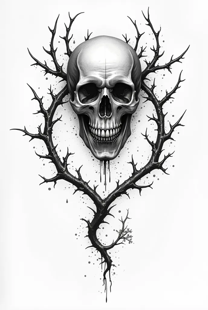 tattoo sketch for a guy,using vine and thorn thorns, viburnum and obligatory with skulls Demonic faces as well as shallow details of drop lines in a minimalist style on a white background in a curved shape