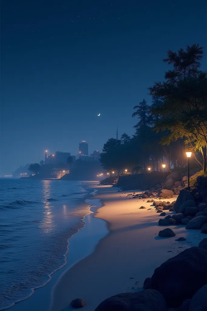 plages de nuit avec une ambiance paisible et éclairée par des lumières urbaines ou naturelles. 