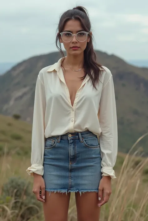 A realistic Brazilian woman standing looking forward
Square style clear grade eyeglasses , Hair tied ponytail style on the side, Lipstick makeup weighing more or less 70 kilos
Moraine,  wearing a short denim skirt ,a short low-cut blouse without a high hee...