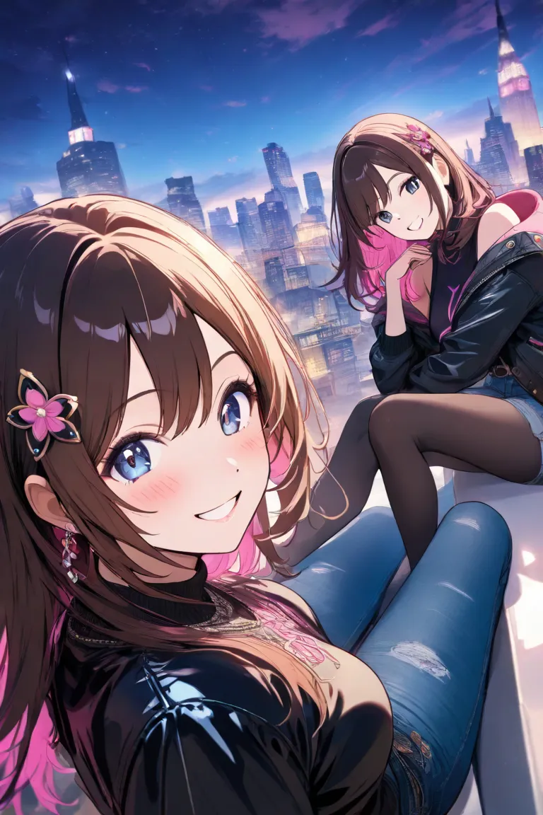  exercise sitting　Drunk 　 long brown hair　  pink flower hair ornament  　 medium breasts　pink heart sign　 　 embarrassing　  denim hotpants　 black tights　 Black Down Jacket　 blushes, smiles, Overlooking, 