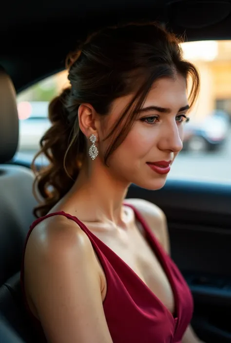 Une femme d'affaires de 27 ans,  porte un manteau fourrure  de cheveux marron foncés joliment tirés en arrière et de Petit boucles d'oreilles en diamants, et cartier diamant est assise a nuit aux voiture lux 