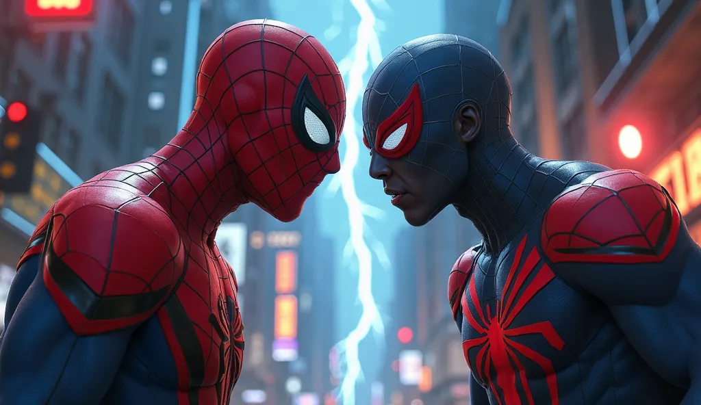 "Create an intense and dramatic scene featuring Spider-Man and Miles Morales facing each other in an angry standoff. Both characters should be in battle-ready postures, their eyes narrowed and their bodies tense, as if ready to attack. The background shoul...