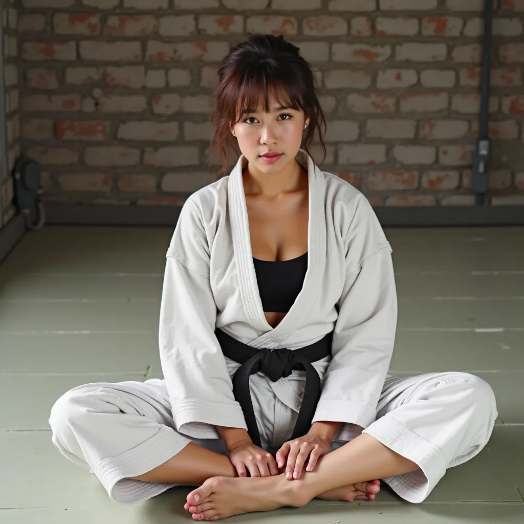 Une très belle athlète féminine de judo, japonaise, 
40 ans,
Cheveux courts dans un dojo de judo,
pieds nus très réalistes (judogi blanc de compétition, ceinture noire)
Femme étirant ses jambes vers l'avant en étant assise par terre. 
Sur des tatamis de ju...