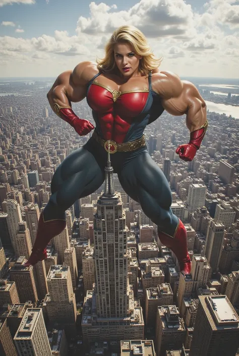 Comics superheroine, girl, posing over a NYC city, iver trump tower, she is blond and muscular, comics style, masterpiece, she is giantess