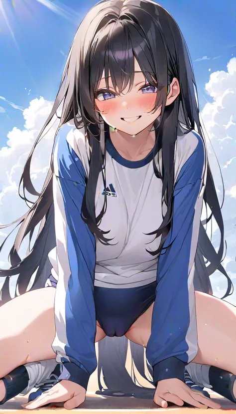 Cute Anime Girl　White gym clothes　 Long Sleeve　Dark blue buruma　 pubic hair　sports boots　smile　 is embarrassing　blush　 black hair　Long Hair　thigh　spread legs　 crouch　 Sports