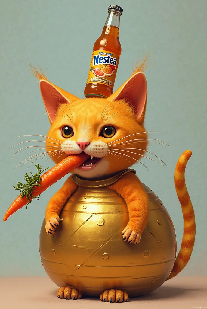 An orange cat made of a ball wrapped in gold with a bottle of nestea on its head, a carrot in the mouth being held by a Cuban Muslim 