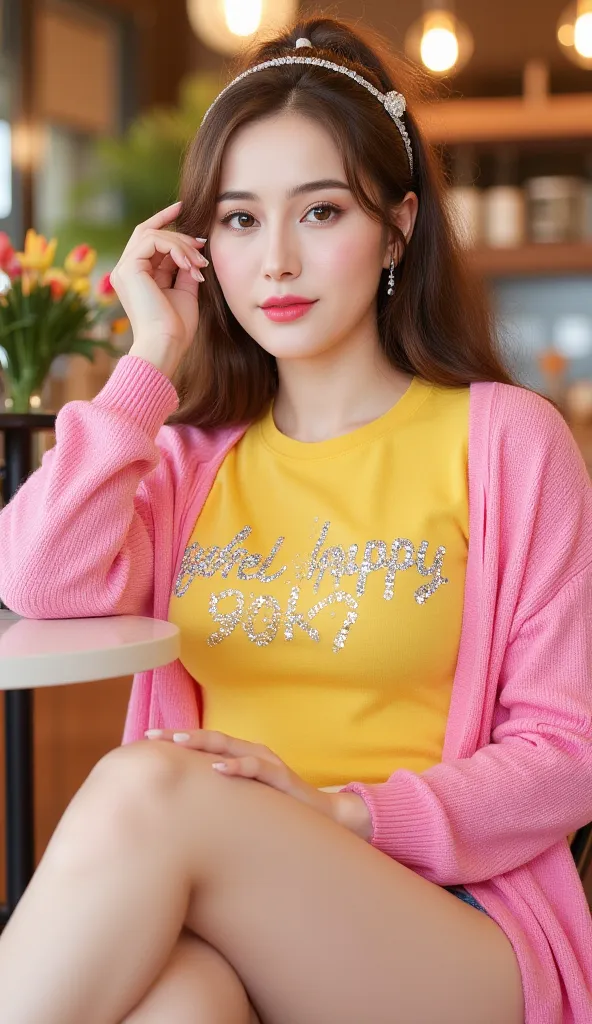 Perfect Beautiful Girl , Baby Face , She is muscle plump korean woman , white Skin , Brown Eye , medium Colossal Breast plump body , Pink cardigan bling-bling motif in yellow t-shirt, Glitter , 35 Years Old , sitting at coffee shop dynamic sit pose showing...