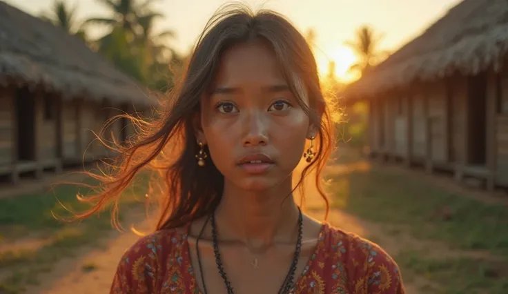 ultra-realistic portrait, a young Indonesian woman with deep brown eyes and traditional batik-patterned clothing, her expression frozen in shock, wide eyes reflecting the golden sunlight of a rural village, mouth slightly open in disbelief, strands of hair...