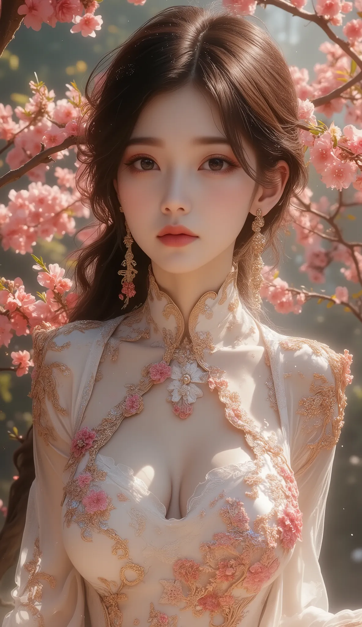 Old-fashioned Chinese Beauties , Attractive temperament,  flowing long skirt,  has a clear face, beautiful eyes, Around the sweet osmanthus,  perfect body structure proportional masterpiece, very detailed, A magnificent work, Color tattoo art,  New Traditi...