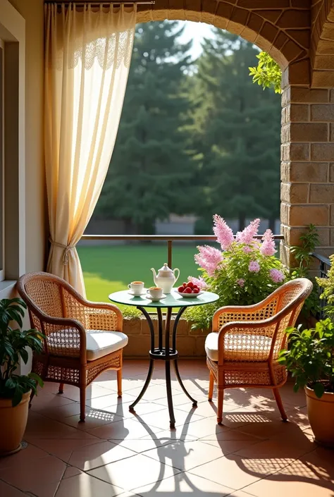 A serene balcony setting bathed in warm sunlight features a round glass-topped table flanked by two elegant wicker chairs. The table is aesthetically pleasing with a delicate white porcelain teapot and matching cups, complemented by a small bowl of fresh s...