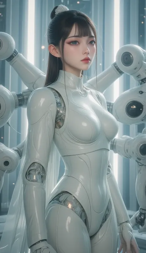 masterpiece, best quality, extremely detailed, Japanese android girl,Plump ,control panels,robot arms,robot,android,cyborg,white robot body,ceramic body,perfect robotgirl,blunt bangs,sumo wrestler,blue eyes