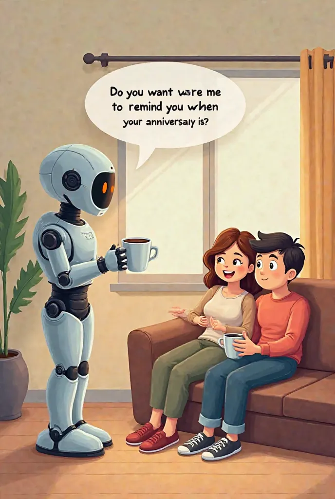 Make a cartoon that shows a scene in which a domestic robot is serving coffee to a couple who are sitting on the couch watching a series. The robot says: "Do you want me to remind you when your anniversary is?" And the couple answers: "Anniversary? That's ...