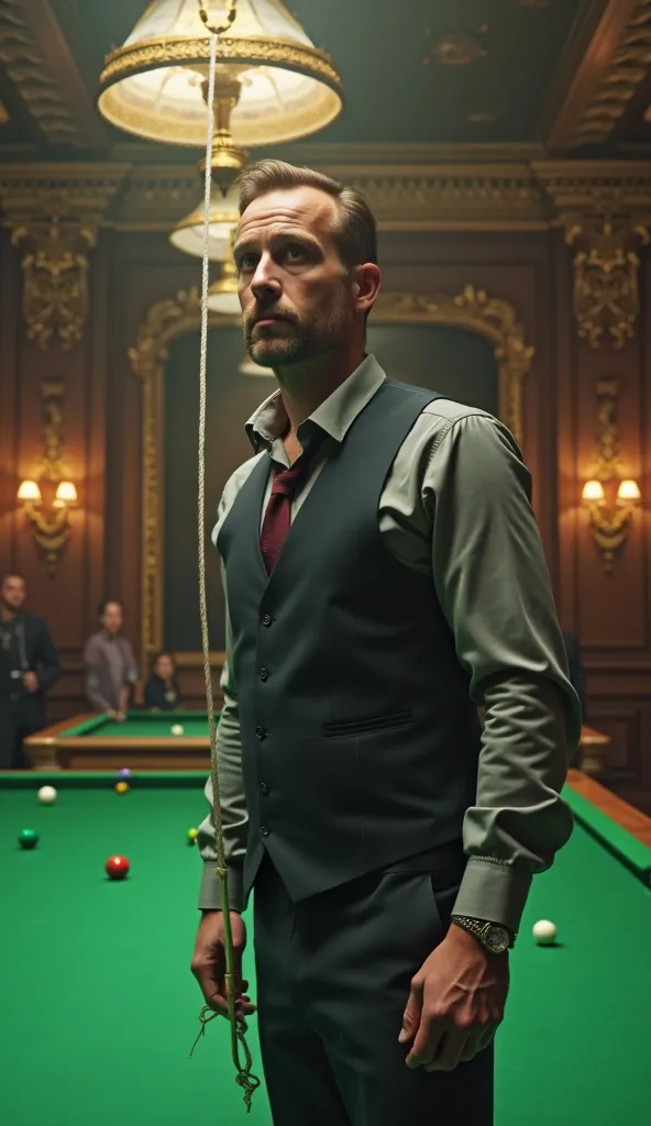 create an ultra-realistic image of a man in a snooker championship, and in his hand instead of a cue there is a rope, which by its characteristics is flaccid