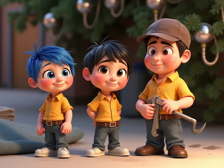 happy, Disney-Pixar-style cartoon characters based on the Disney movie Inside Out 2 depicting plumbers.  They are confidently posed with their work equipment . A character is holding a wrench . They're on the street  