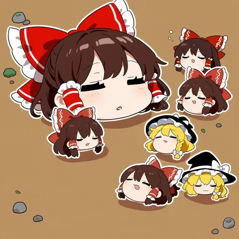 3girls, small yukkuri, (chibi:1.4), marisa, reimu,  (half closed eyes:0.8), default, closed eyes, open mouth, (yugyaku:1.3), ground and pebbles, sleepy,