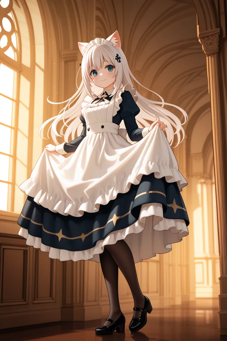 Quiet and cute girl with funny ears，I'm wearing maid clothes with a star mark on it，White hair，Inside the mansion，