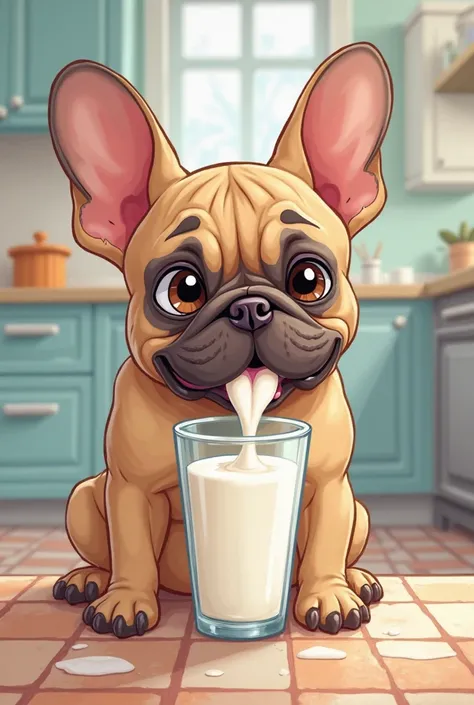 Black French bulldog drinking milk cartoon style