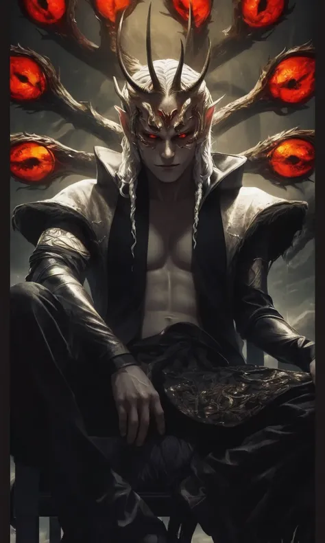 a beautiful women  with a horned head and a horned face sitting on a chair, beautiful male god of death, best 4k konachan wallpaper, fit male demon with white horns, lolth, handsome japanese demon boy, fine details. . tentacles, epic artwork, badass 8 k, w...