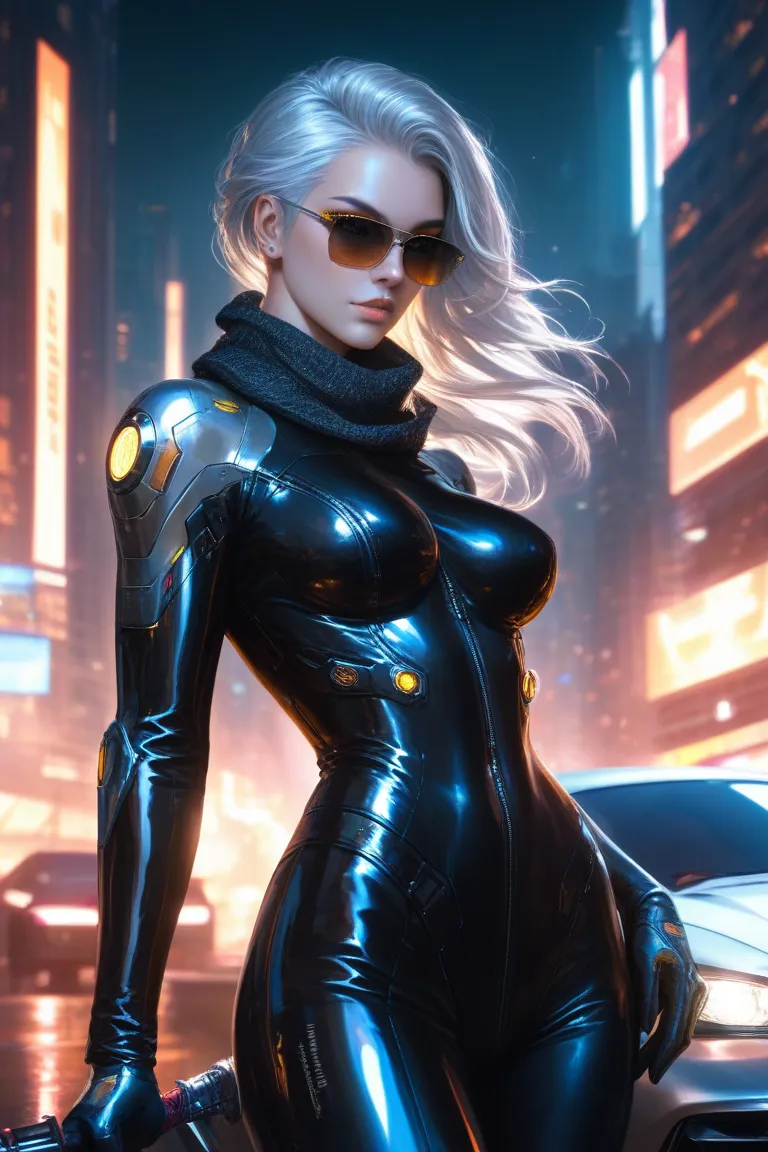 Pretty Girl Android 、full-body black leather rider suit、 black sunglasses、long yellow scarf、Dagger in left hand、Kawasaki Bikes、The expression is ish、 Silver Hair、 night view