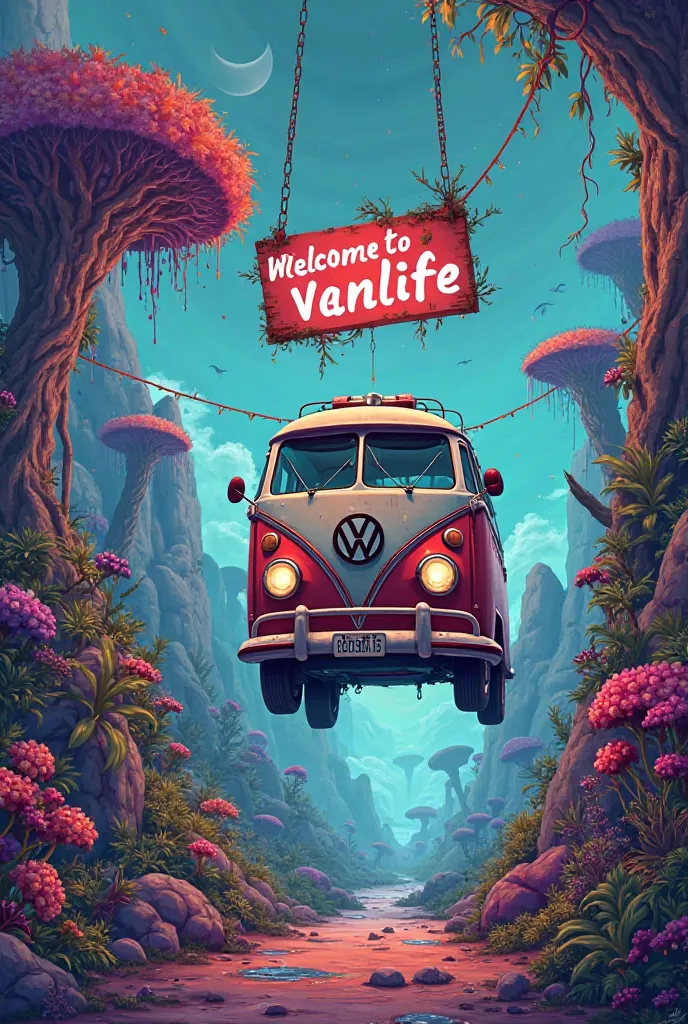 
welcome in a Brand New world blooming space van above, sign says 'WELCOME TO VANLIFE', t 1 vw, significant grunge deco

express, fine line art accent,​, painting, cinematic, illustration, anime