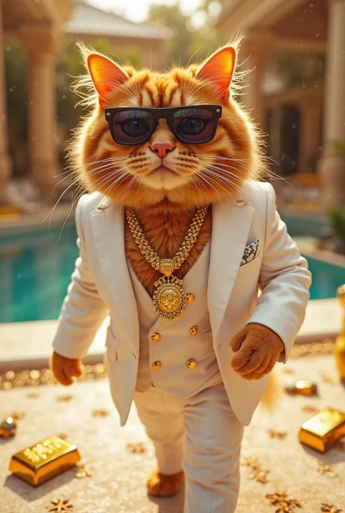 an orange cat wearing an elegant white suit and dark sunglasses, walking confidently in a luxurious setting. The cat must wear a gold necklace with a flashy pendant, conveying an aura of richness and sophistication. The background must present an extravaga...