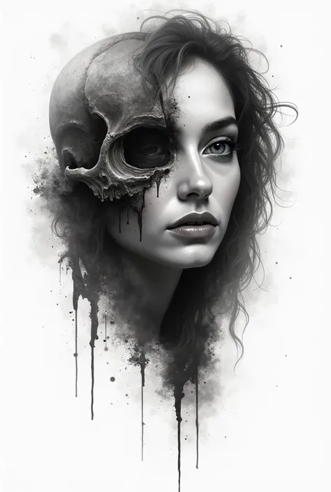 Create a tattoo with a sexy woman's face and a female human skull, showing the impermanence of life. creative, tattoo, design, white background, dark theme, black mixed tattoo design, black shadows, advanced, 