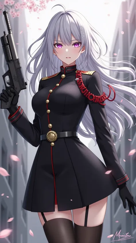 The、and features a gorgeous belt。long silver hair swaying in the wind、wearing a black military uniform-style uniform。on the head、The uniform has a red epaulette and gold buttons、and a gorgeous belt。Black up to the thigh Put the stockings together、with a gu...