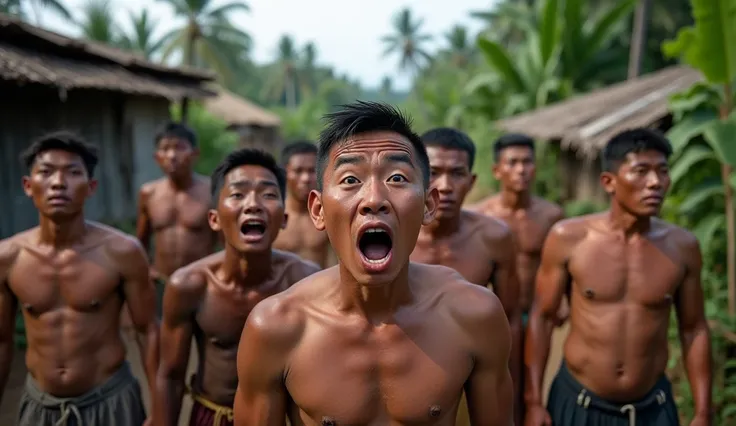 ultra-realistic, hyper-detailed, a group of Indonesian villagers, men and women of different ages, all showing expressions of shock and disbelief, standing in a traditional village with dirt roads, wooden huts, and lush tropical plants, eyes wide open, som...