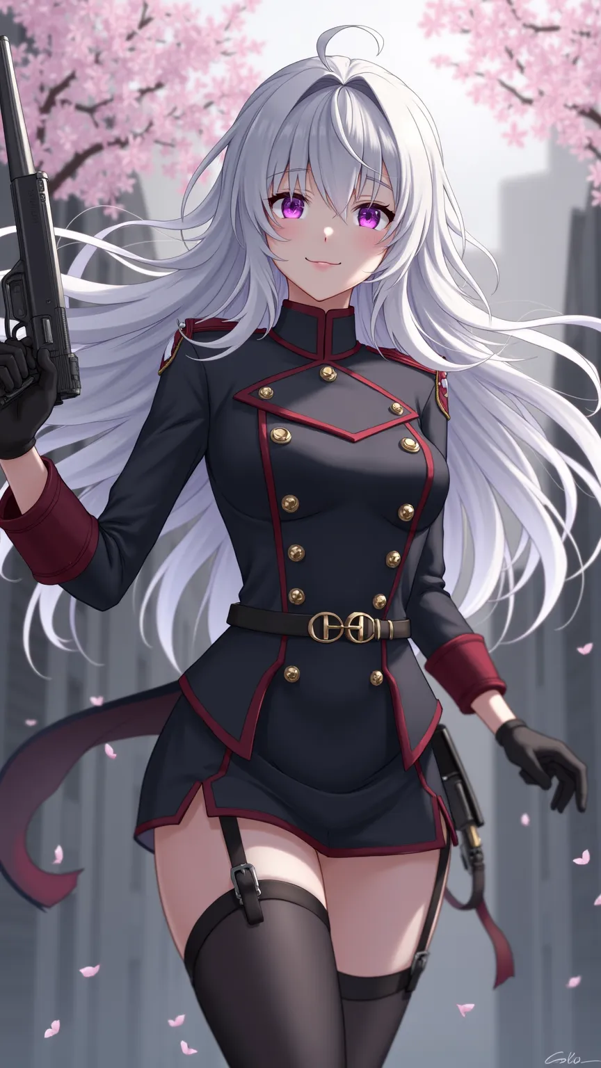 The、and features a gorgeous belt。long silver hair swaying in the wind、wearing a black military uniform-style uniform。on the head、The uniform has a red epaulette and gold buttons、and a gorgeous belt。Black up to the thigh Put the stockings together、with a gu...