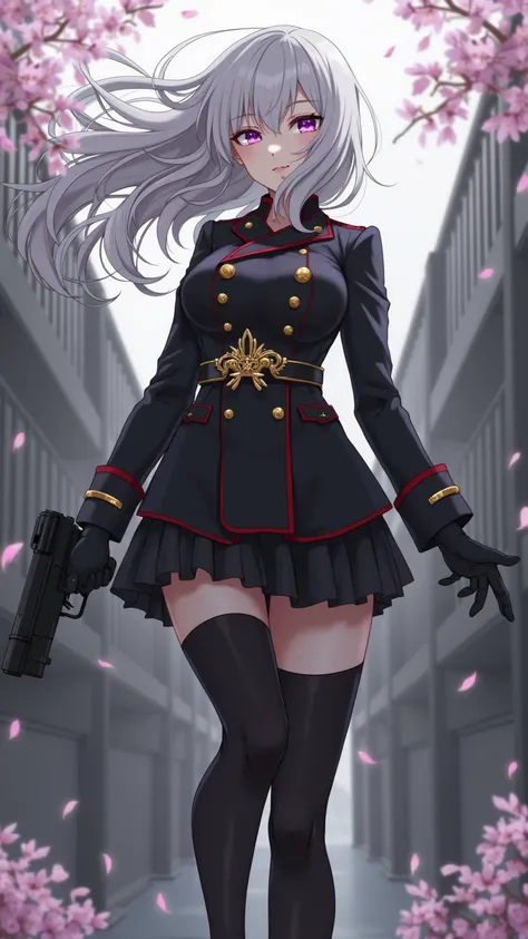 The、and features a gorgeous belt。long silver hair swaying in the wind、wearing a black military uniform-style uniform。on the head、The uniform has a red epaulette and gold buttons、and a gorgeous belt。Black up to the thigh Put the stockings together、with a gu...