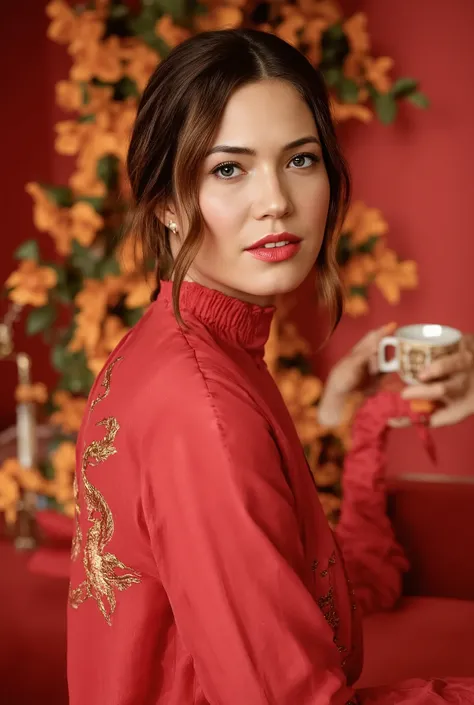 best quality, highres, 8k, masterpiece, photography, detailed midbody photorealistic portrait. Mandy Moore is draped in a luxurious red silk robe, inspired by the deep red cheongsam described earlier. The robe features dragon and phoenix embroidery in gold...