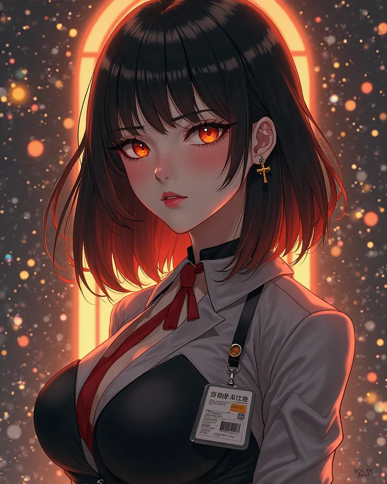  eyes half closed with a beautiful look, orange eyes, very pretty face, cute girl, Alone ,  Medium Hair, ((black hair with red tips)), breasts that are very large and that stand out, very tight office uniform, ID card,  pierced cross earrings , blush, anim...