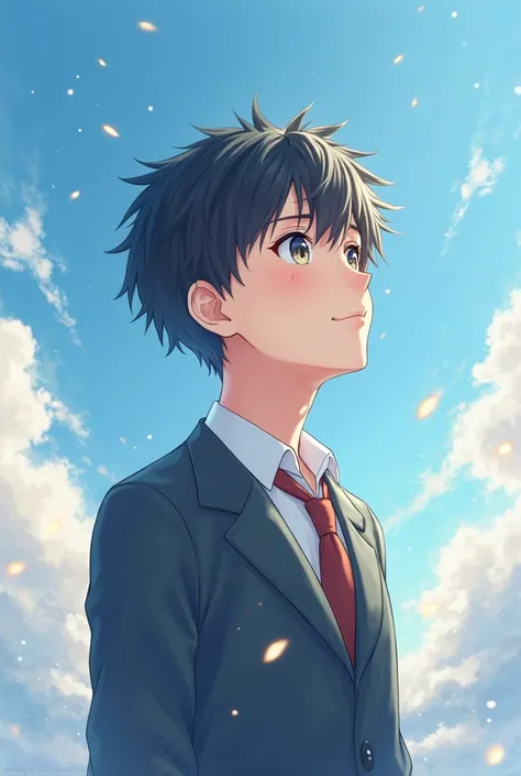  A anime boy who is looking at sky and smile who is very handsome with school uniform 