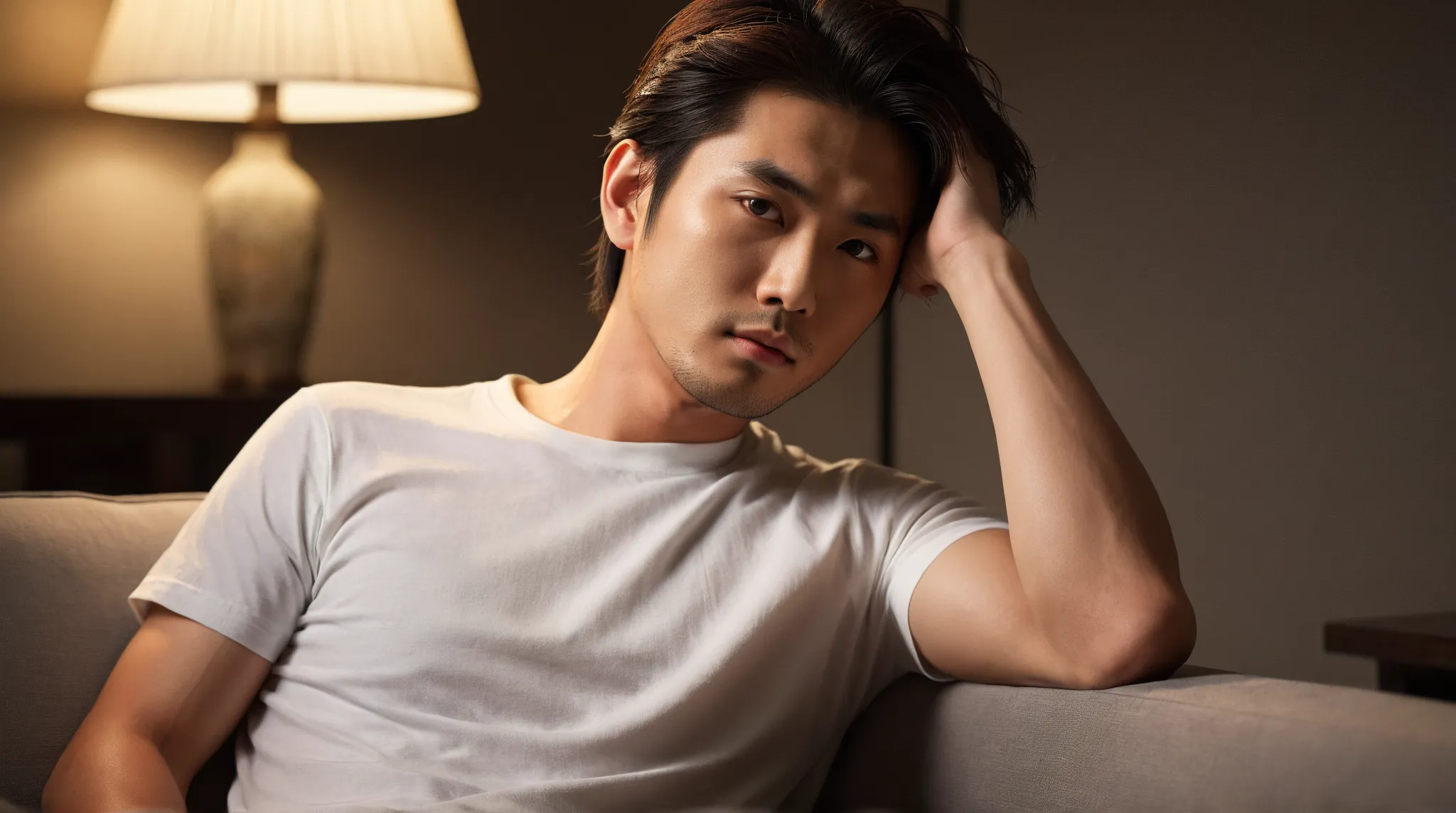 25 year old Japanese male. Dark brown hair, relaxing in white t-shirt. High quality, photorealistic, detailed facial expression, exquisite details. Warm lighting, elegant atmosphere, shallow depth of field, dramatic lighting, chiaroscuro, cinematic, dramat...