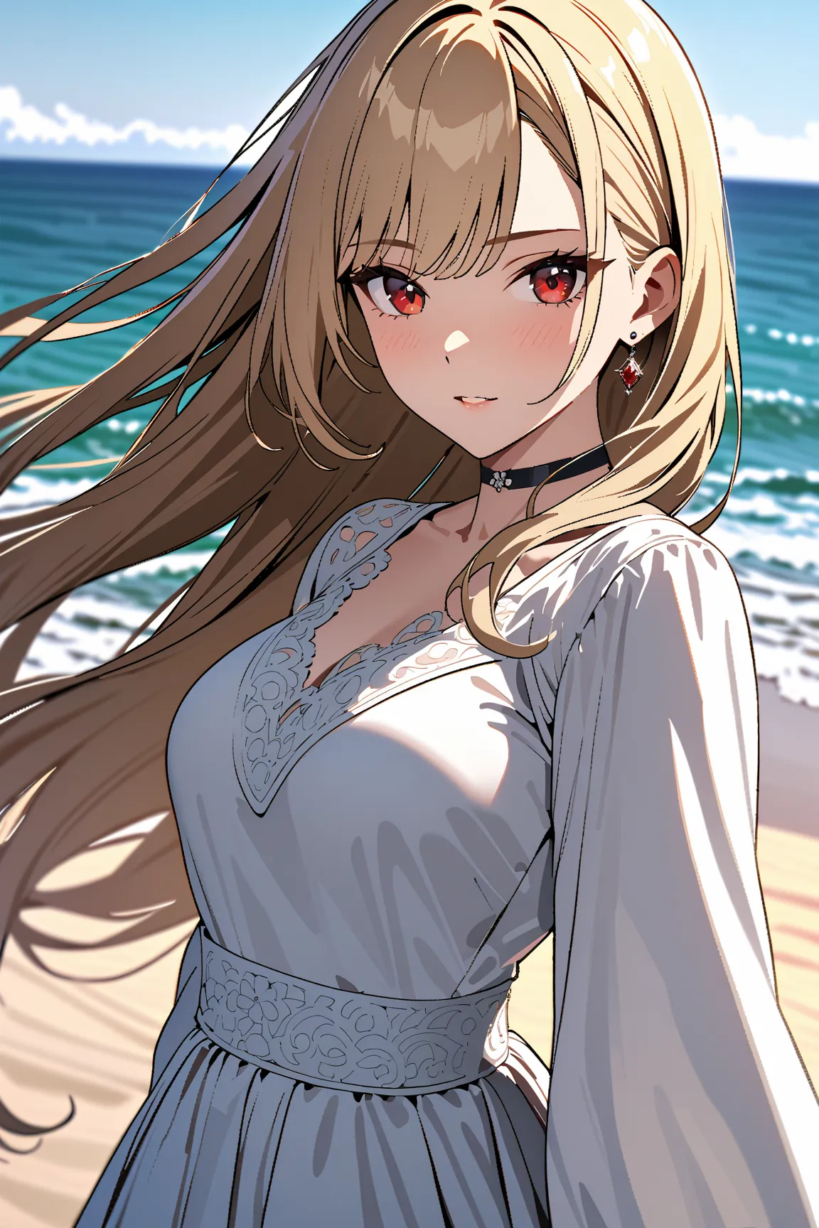 Walking in the Wind, coastal, bride,  kitagawa marin ,  1girl , blonde hair, long hair, multicolored hair, red eyes, jewelry, earrings, piercing, black choker, masterpiece:1.5, highest quality, UHD, retina, masterpiece, accurate anatomy, super detailed, hi...