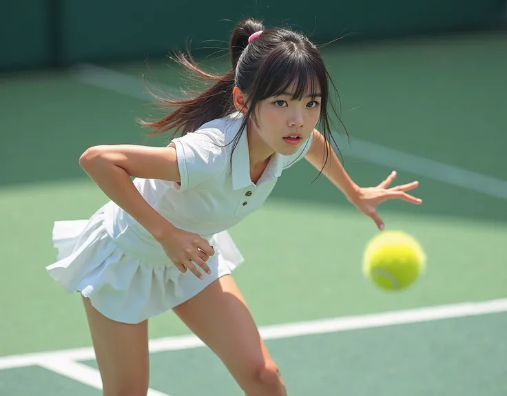 A 22-year-old East Asian woman named Luana, with expressive brown eyes and long black hair with bangs, tennis player with short skirt on white outfit