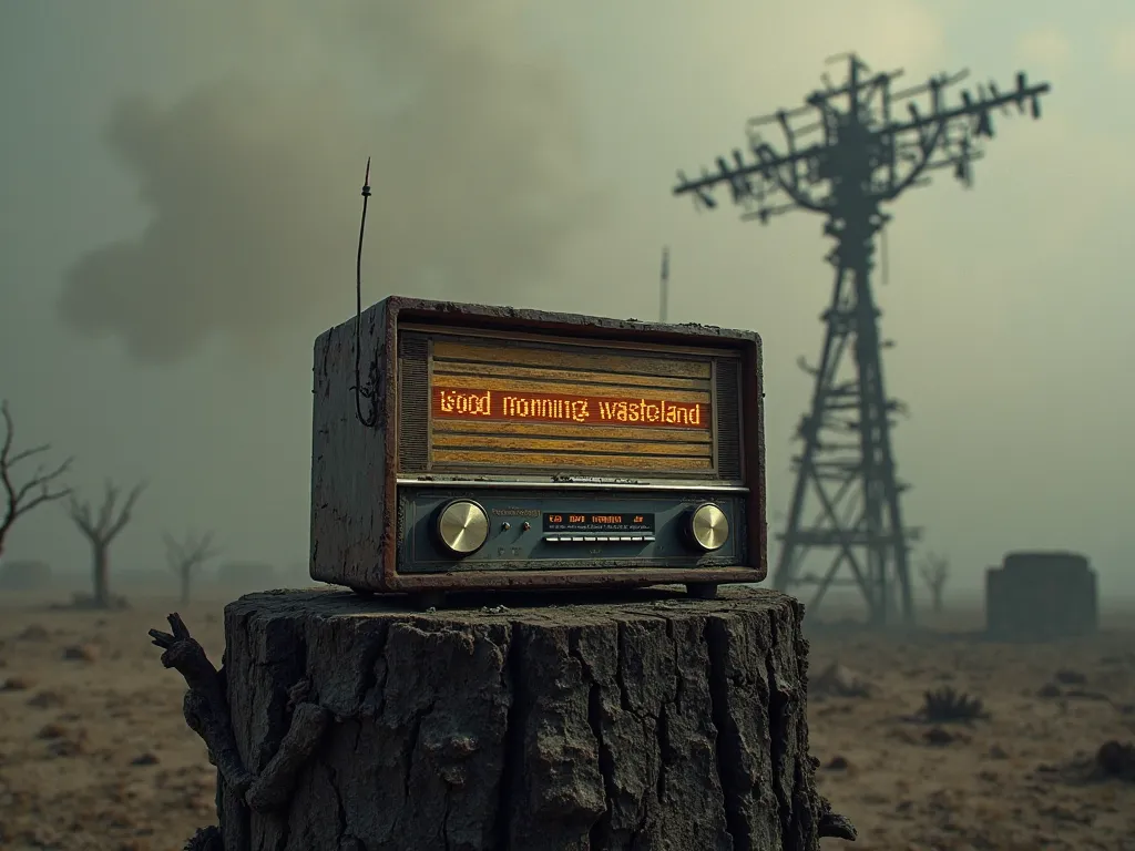 Vintage radio on burnt tree stump. Screen shows 'GOOD MORNING WASTELAND'. Antenna made from bones. Radiation symbol as station logo. Dust storm approaching. Retro-futurism with grim aesthetic.