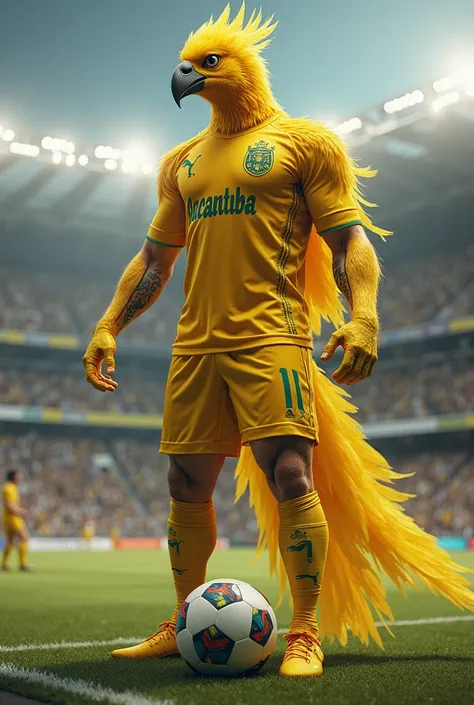 A strong yellow canary football player with a 3d hybrid tattoo wearing a yellow soccer uniform written Araçatuba with blue shorts, playing in a stadium, with the ball at his feet